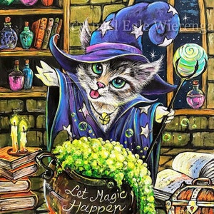 May include: A cartoon cat wearing a purple and blue wizard hat with stars, holding a wand with a swirling green orb on top. The cat is stirring a green cauldron with the words "Let Magic Happen" written on it. The cat is in a brick room with bookshelves and a window with stars in the night sky.