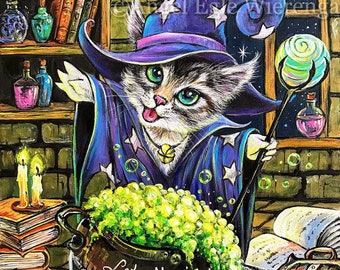 Impresión giclée de arte de gato mago, familiar de bruja, arte fantástico