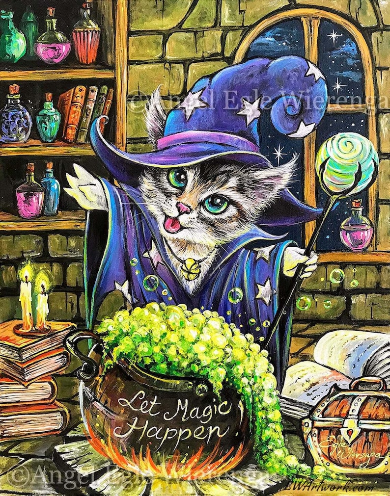May include: A cartoon cat wearing a purple and blue wizard hat with stars, holding a wand with a swirling green orb on top. The cat is stirring a green cauldron with the words "Let Magic Happen" written on it. The cat is in a brick room with bookshelves and a window with stars in the night sky.