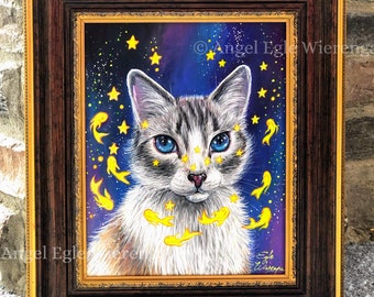 ORIGINAL PAINTING with Frame "Fishing for Heaven" Cat art, glow in the dark, glow in backlight, acrylics, see description for details below.