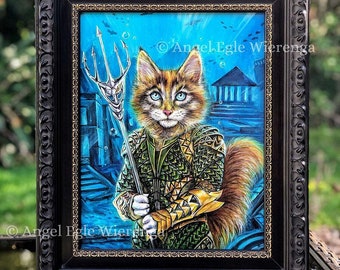 ORIGINAL PAINTING "The King of CATlantis", cat art by Angel Egle Wierenga, (please read description below for info)