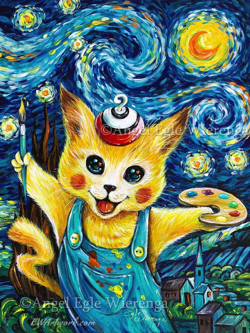 Giclée Prints & CANVASES, Pika Kitty, Game, Anime, Pikachu, Cat art Please read Description below for details image 1