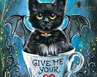 Black Cat Giclée Print, Cat in Cup, Original Art