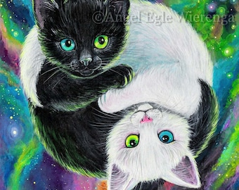 Yin Yang Cats Art Print, Giclée Fine Art Canvas, Black and White Cat Portrait
