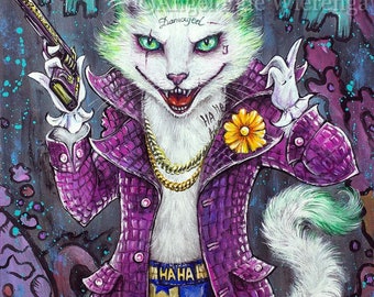 Giclée CANVAS,8"x 10" screeched, ready to hang "Clown, Cat of Crime", art print of an original artwork