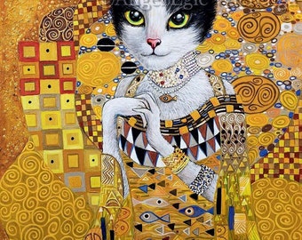 Giclée Prints & CANVASES, "Cat in Gold", woman in gold, Klimt, wall art, cat art (please read "Item details" in Description below)