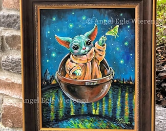 ORIGINAL PAINTING "Kitty Yoda over the Rhone" - Cat art by Egle Wierenga, (pleas read description below for details).