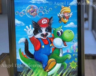 ORIGINAL PAINTING " Mario Kitty" - cat art by Angel Egle Wierenga, Pleae read description below for details!