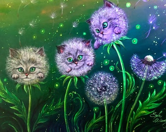 Giclée  CANVAS 12"x16" Limited Edition (last # 25!) Kittylions", Kittens Dandelions, Original wall art (details in Description below)