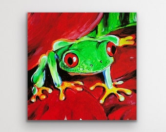 SALE Limited Time! Stretched CANVASES, 8"x 8", "Tree Frog on Red flower", ONE available! (Pleas read description).