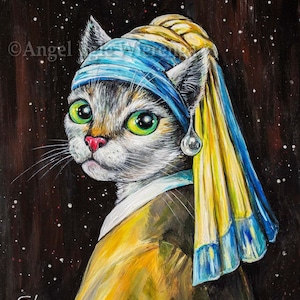 Giclée Prints & CANVASES "Cat With a Pearl Earring", Cat art (Please read "Description" for details below)