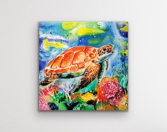 SALE ! Canvas 8"x 8"  Sea Turtle, Stretched, ready to hang,  (Please Read Description)