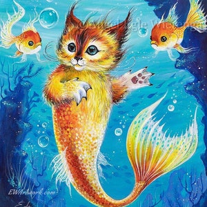 Giclée Prints & CANVASES, &quot;Lionhead Merkitty&quot;, mermaid original cat art (please read &quot;Item details&quot; in Description)