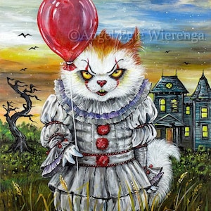 Giclée Prints & CANVASES, "Kittywise the Purring Clown", Pennywise, Spooky Cat art (Please read "Description" below for details)