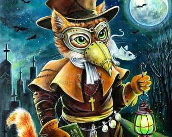 Giclée Prints & CANVASES  “Plague Doctor Cat”, spooky cat art  (please read Item Details in "Description" below)