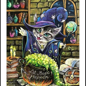 May include: A gray and white kitten wearing a purple and blue wizard hat with stars, holding a wand with a green orb on top. The kitten is standing in front of a cauldron with green bubbling liquid and the text "Let Magic Happen".