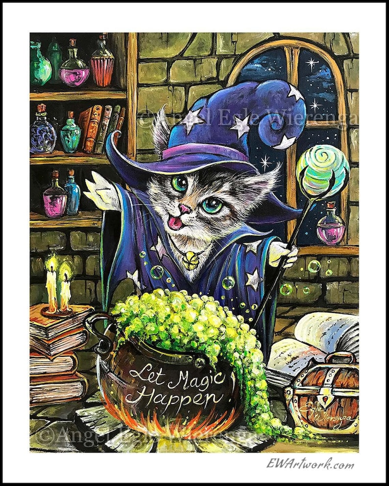 May include: A gray and white kitten wearing a purple and blue wizard hat with stars, holding a wand with a green orb on top. The kitten is standing in front of a cauldron with green bubbling liquid and the text "Let Magic Happen".
