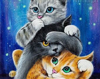 Three Wise Kitties Giclée Print, Cat Art on Canvas