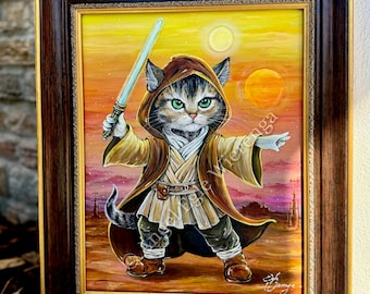 ORIGINAL PAINTING "Obi- Wan Catnobi" - acrylic Painting. Cat art, Please Read Description below for details!