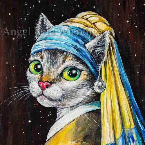 ジクレー版画とキャンバス、「金の猫」、オリジナルの猫のアート、金の