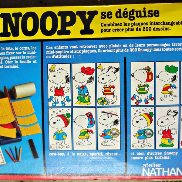 Snoopy se deguise,  picture maker toy, all in French by Nathan, 1983 Complete in box