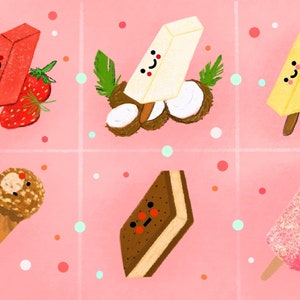 May include: Six different types of frozen treats with cute faces.  A red popsicle with strawberries, a white popsicle with coconuts, a yellow popsicle with chocolate chips, a chocolate-covered ice cream cone, a chocolate-covered ice cream sandwich, and a pink popsicle with sprinkles.