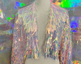 Pink Iridescent Sword Sequin Jacket • tinsel jacket • sequin fabric • rave • festival • eras tour • last disco • bachelorette •  confetti