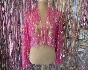 Iridescent Pink Sequin Tinsel Jacket • Rave Festival Fashion
