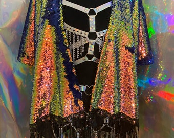 Iridescent Blue Flip Sequin kimono jacket with fringe • sequin kimono • Sequin jacket