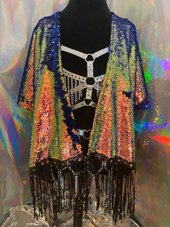 Iridescent Blue Flip Sequin Kimono Jacket With Fringe Sequin