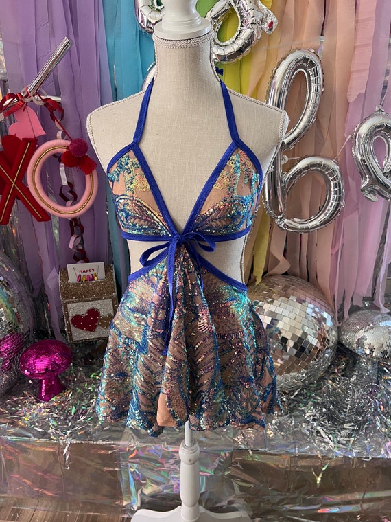 sequin bra top dress Custom Sequin Rave Outfit • Iridescent Bra Top and Skirt Set