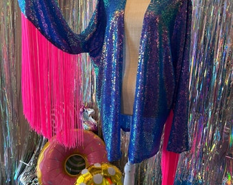 Iridescent Sequin Robe with Fringe Sleeves • Festival Western Wear