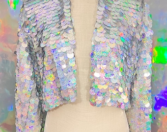 Silber Holografische Pailletten Jacke • Handgemachter Festival Rave Tinsel Mantel