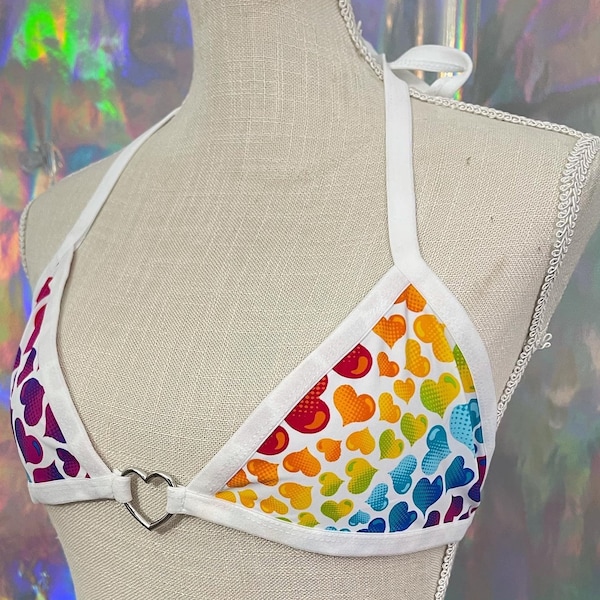 Rainbow heart Bralette / rave wear/ funky fashion/ trippy clothing/ rave girl fashion / Rave bra /