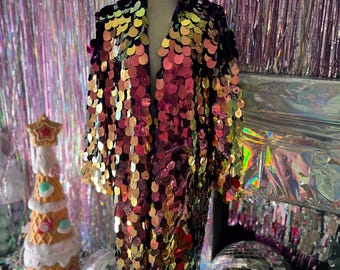 Ready to Ship • Purple Gold jumbo Sequin Jacket • tinsel jacket • sequin fabric • mardi gras • bachelorette • sequin robe • last disco