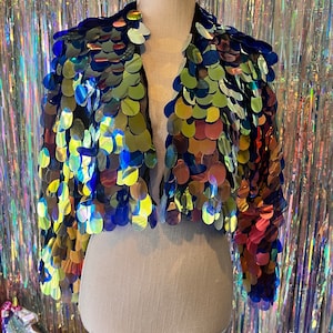 Blue and Gold iridescent Sequin jacket / sequin kimono/ tinsel jacket / BUBBLE Jacket • Sequin jacket