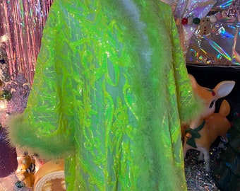 Feather Vibe Robe•  Sequin Jacket • Sequin Robe • Disco • feather trim  robe • fairy robe • iridescent robe • glitter robe • Mardi Gras