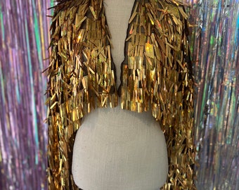 Holographic Gold Sword Sequin Jacket • tinsel jacket • sequin fabric • rave • festival • eras tour • last disco • bachelorette •  confetti