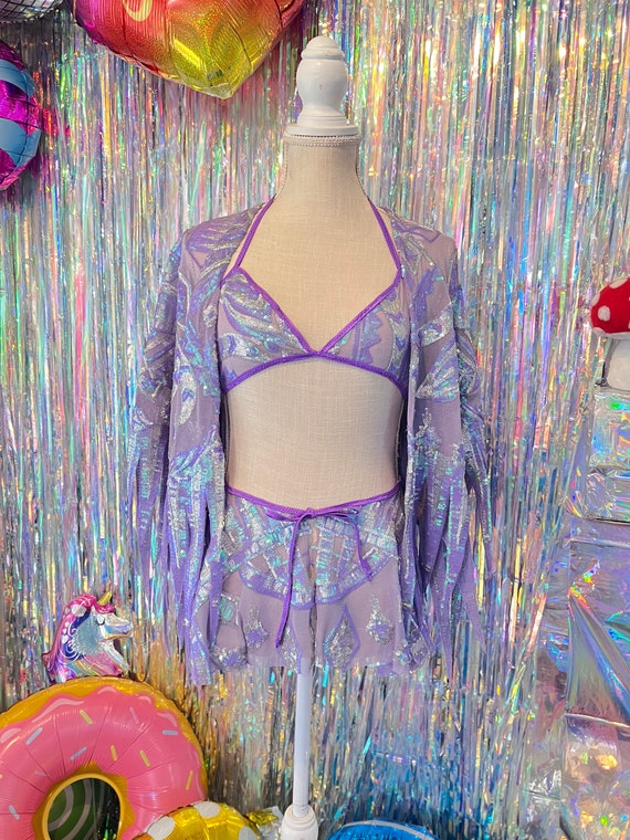 Custom Sequin Set Rave Wear Fairy Aesthetic Rave Fashion Rave Bra Unicorn  Vibes Purple Holographic Sequin 