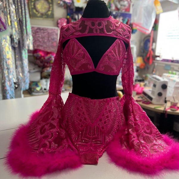 Sequin Rave wear • fluff trim •  bolero •  bralette •  high waist bottoms • circle skirt • fairy • festival wear • more colors available