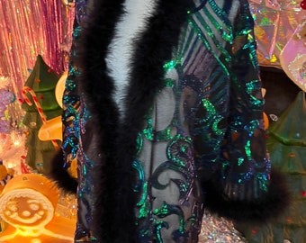 Feather Vibe Robe•  Sequin Jacket • Sequin Robe • Disco • feather trim  robe • fairy robe • iridescent robe • glitter robe • Mardi Gras