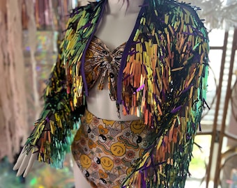 Iridescent Sword Sequin Jacket • Rave Festival Fashion • fringe jacket • confetti jacket • sequin fringe • tinsel  jacket