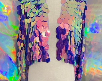 Jaqueta de lantejoulas iridescentes • Roupa roxa e dourada para festivais rave