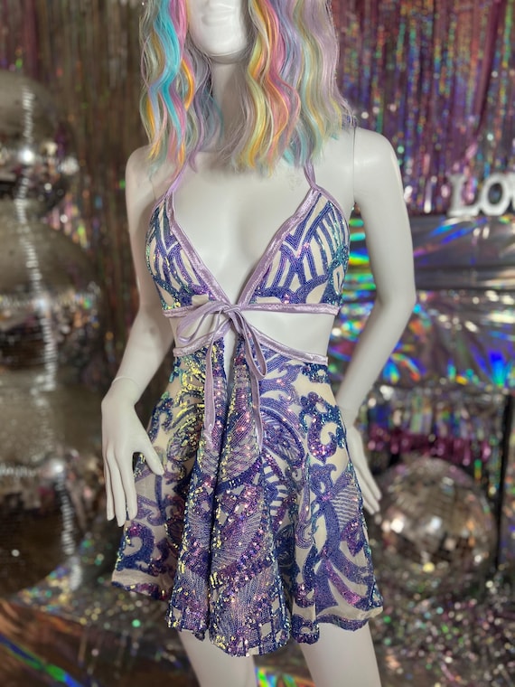 sequin rave dress White Sequin Fringe Halter V-Neck Backless Mini Dress For Evening Party  Rave Club Outfit