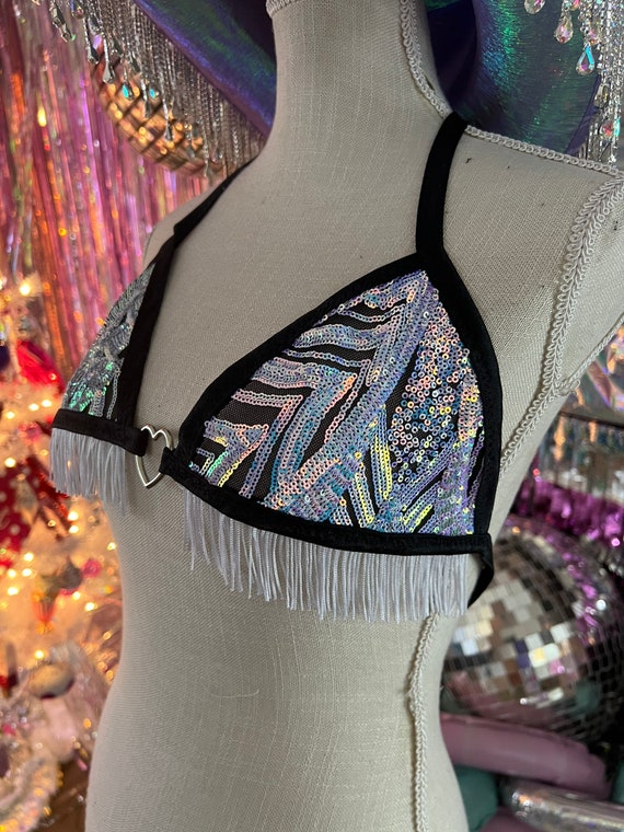 Custom Fringe Bralette / Funky Neon Trippy Print Bralette / Rave