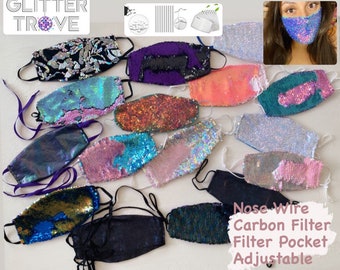 Custom Adult Sequin Face Mask (Nose Wire, Carbon Filter, Pocket, 100% Cotton, Elastic / Ribbon Adjustable , Washable, Glitter, Fashionable)