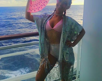 Holographic & Iridescent sequin kimono with fringe • sequin kimono • fringe jacket• Tinsel jacket • sequin robe • Sequin jacket