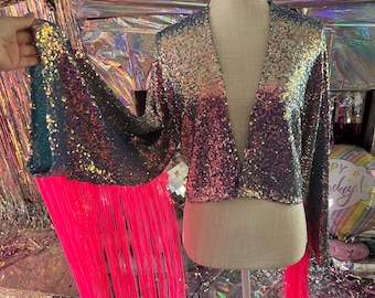 Iridescent Sequin Robe • Fringe Sleeves, Festival Wear
