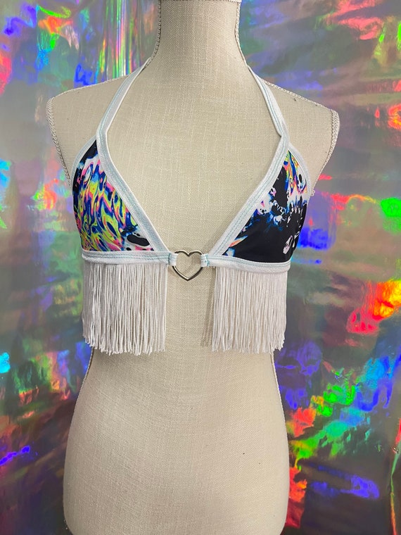 Custom Fringe Bralette / Funky Neon Trippy Print Bralette / 