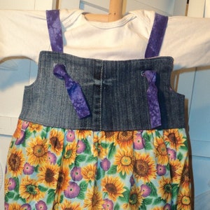 Boutique style Knot Dress- children&#39;s size 2/3 SUNFLOWERS and Recycled Blue Jeans, vintage style